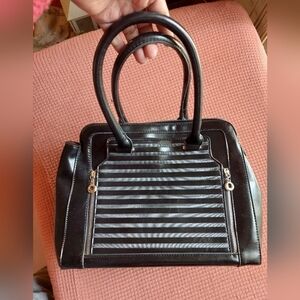 Black Synthetic Shoulder Bag with Front Zippered Panel